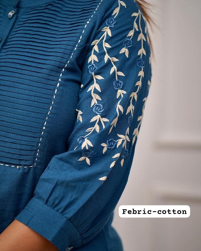 Blue Kurti Pant Set with Embroidery & Pintex Detailing